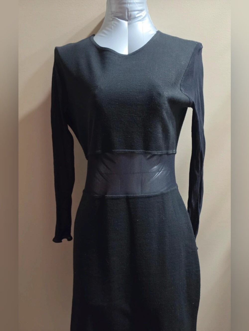 Black Long-Sleeve Mesh-Waist Women's Dress